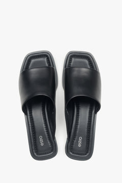 Women’s black slide sandals with a square toe in genuine leather, Estro.