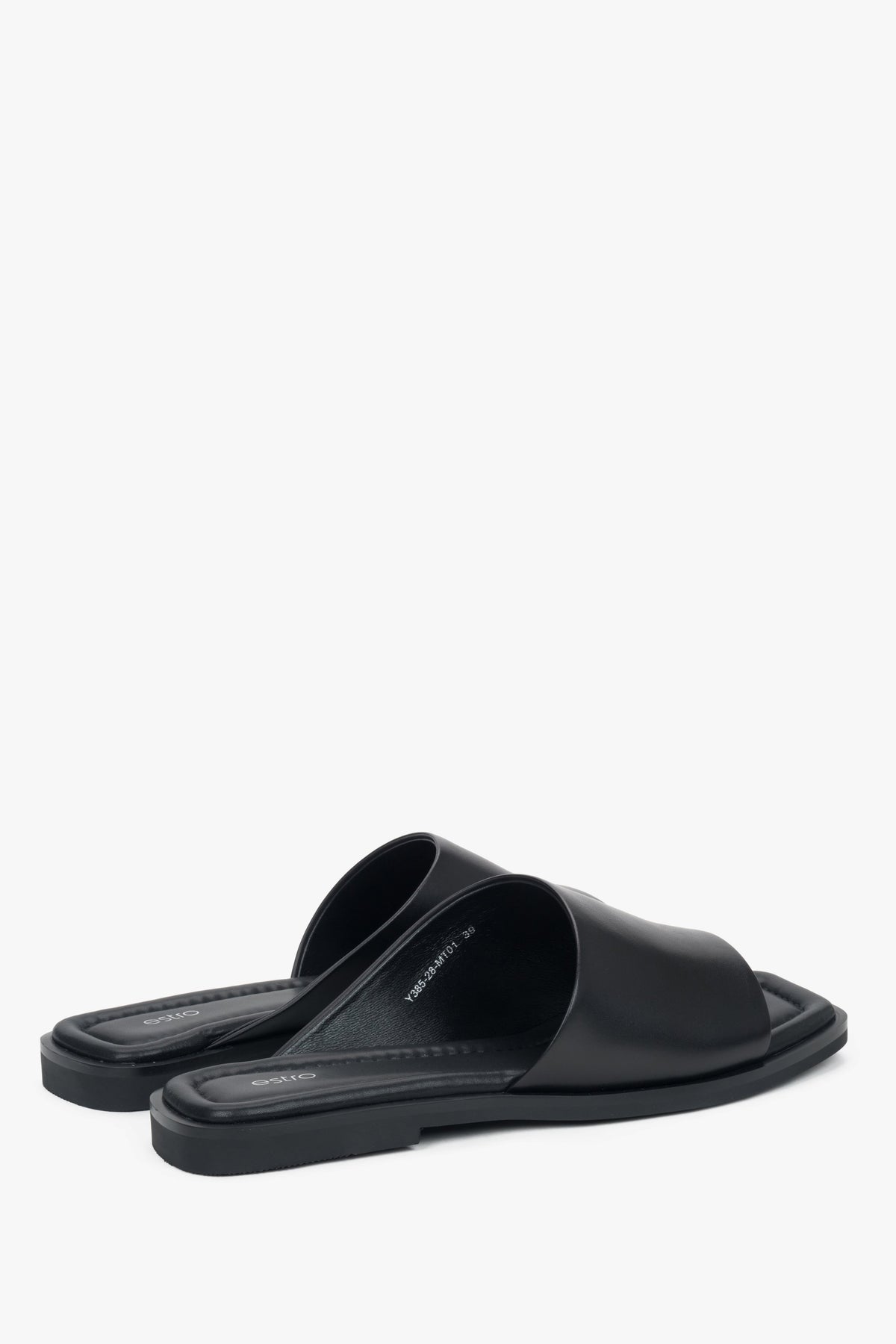 Black women’s slide sandals with a square toe in genuine leather, Estro.