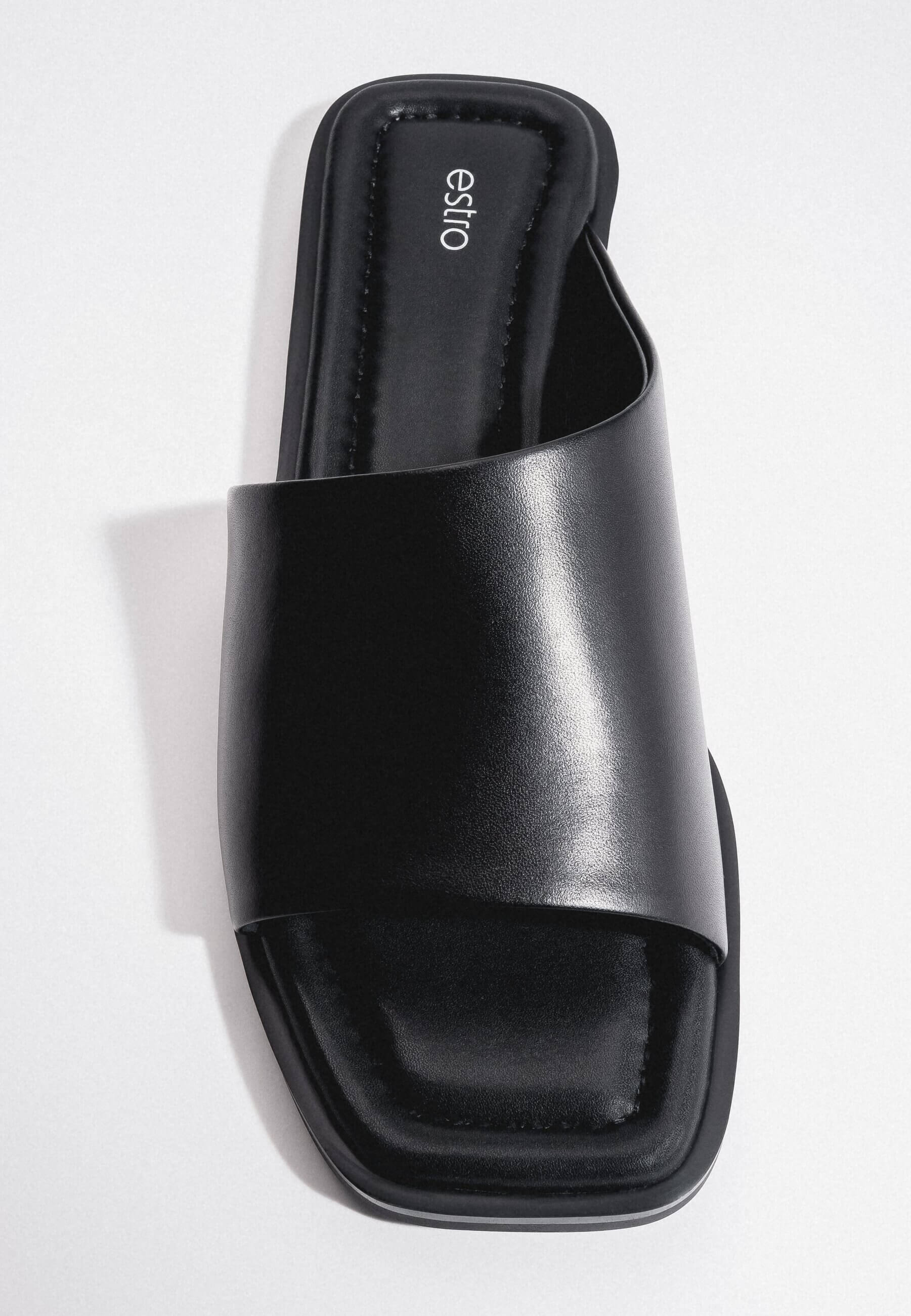 Women’s Black Square-Toe Slide Sandals in Genuine Leather Estro ER00119224.