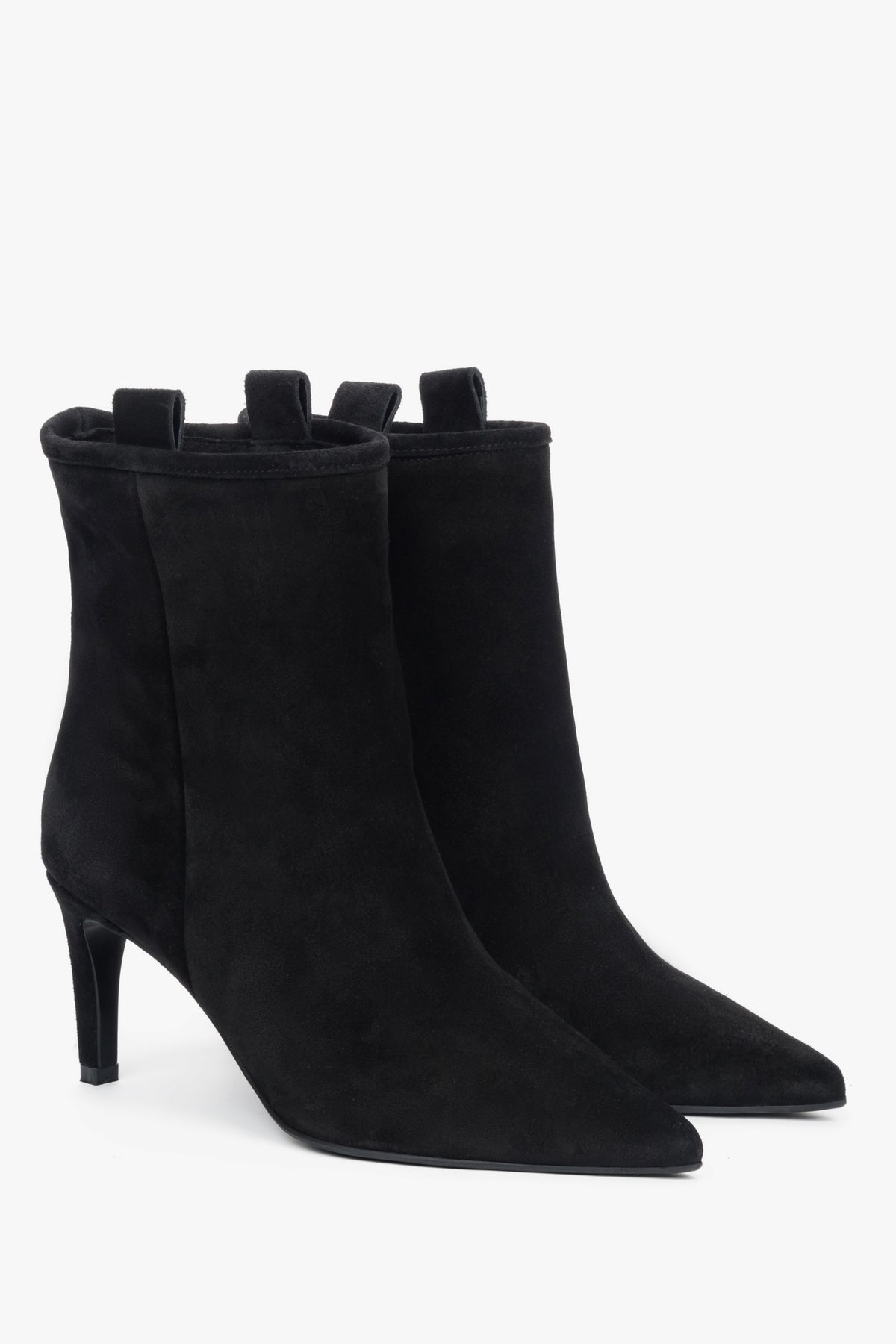 Women’s black stiletto ankle boots made of genuine velour.
