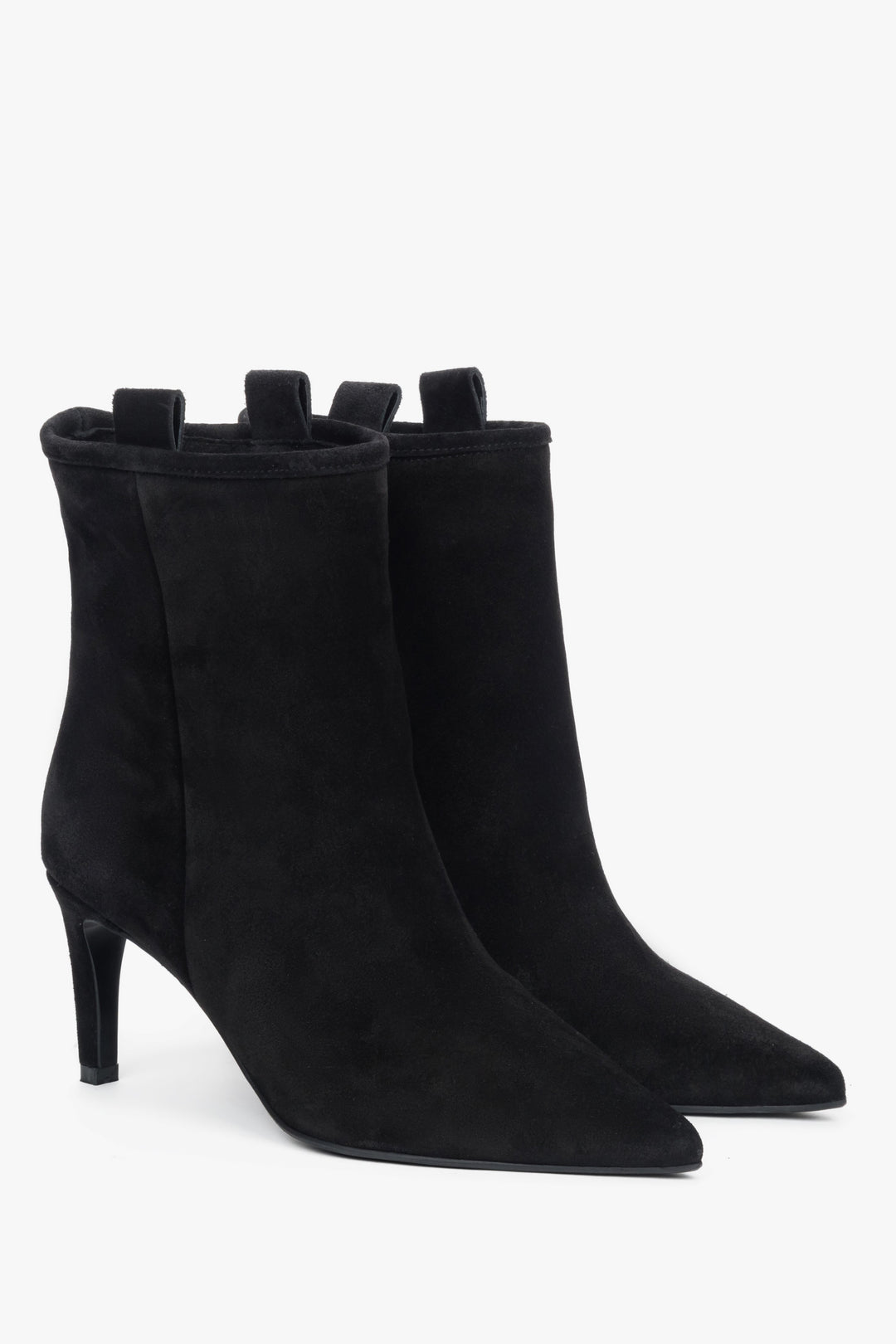 Women’s black stiletto ankle boots made of genuine velour.