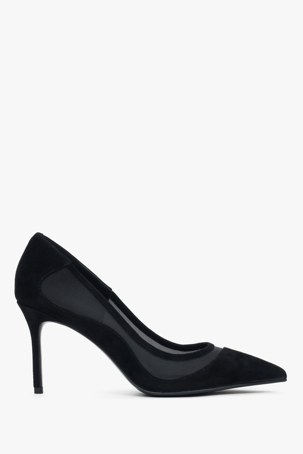 Black women’s stiletto heels made of natural velour and soft textiles.
