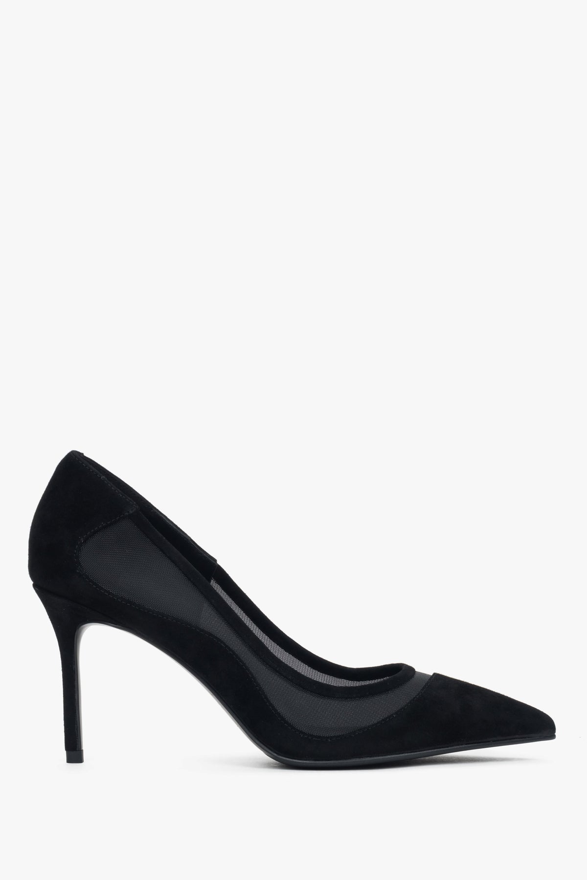 Black women’s stiletto heels made of natural velour and soft textiles.
