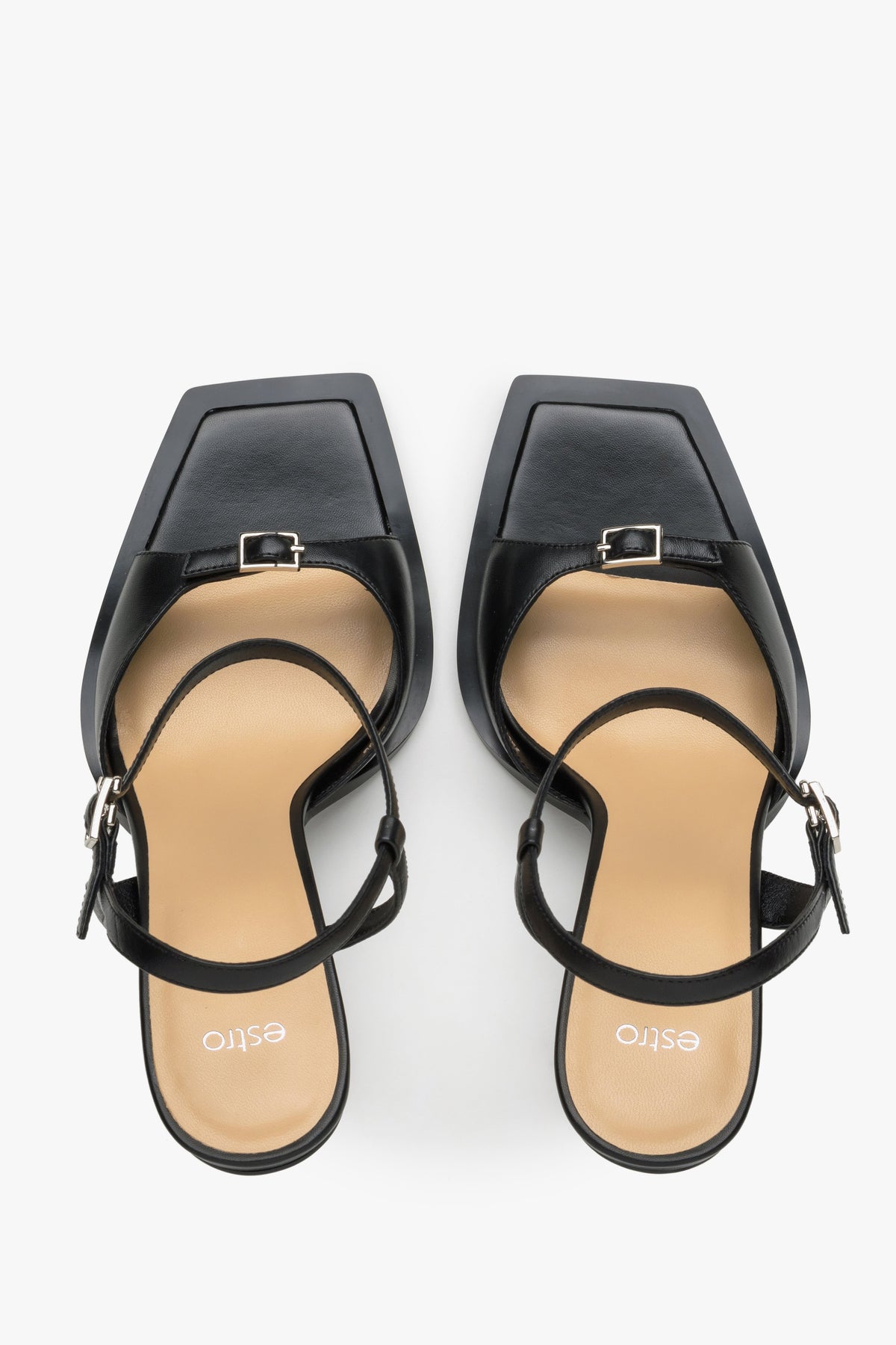 Women’s black stiletto sandals in genuine leather by Estro – top view.