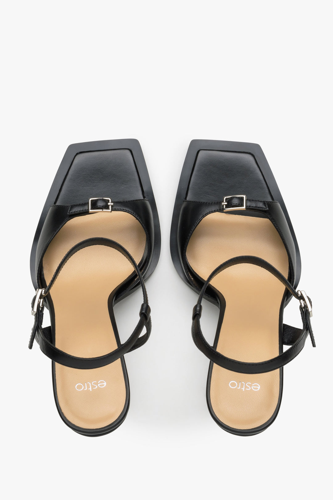 Women’s black stiletto sandals in genuine leather by Estro – top view.