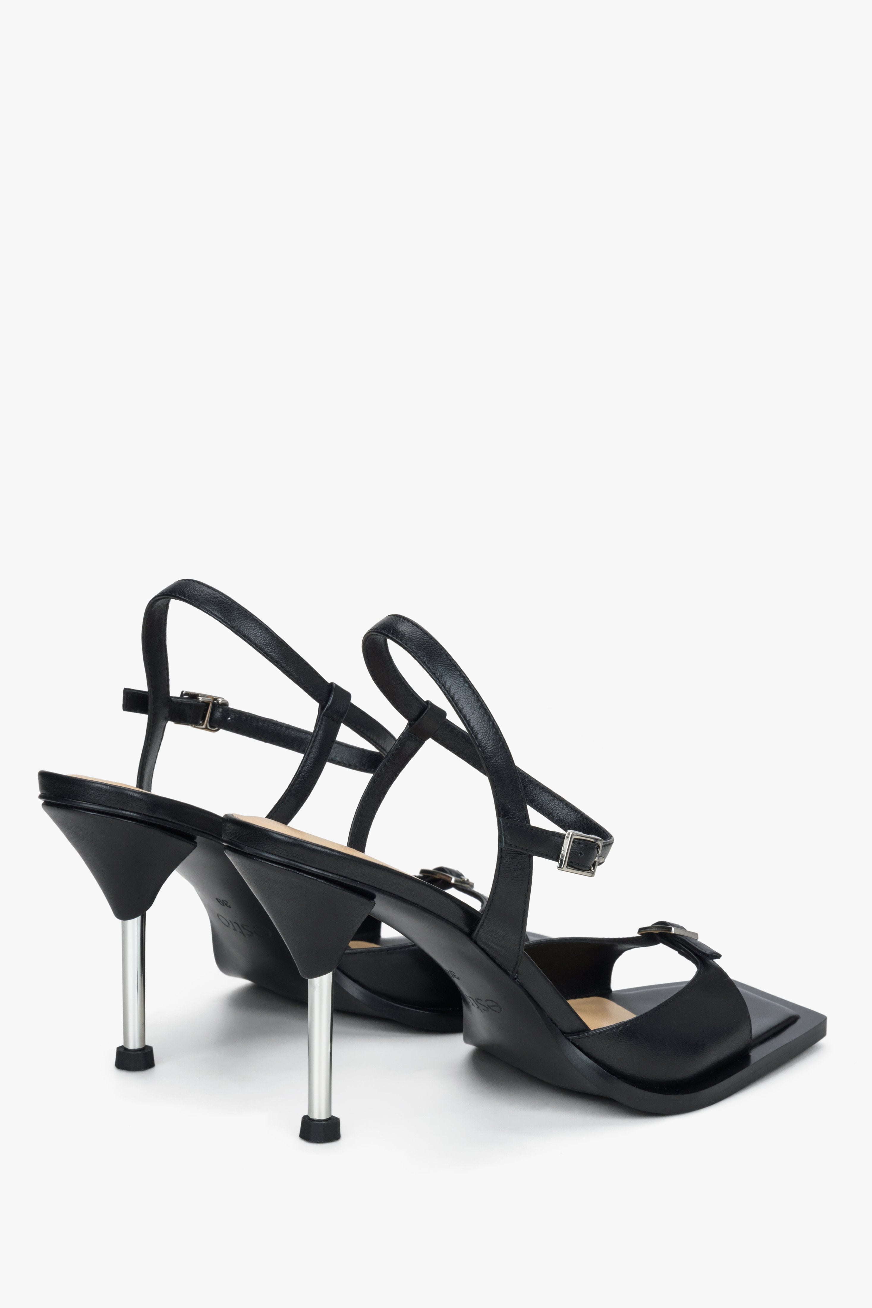 Women’s black stiletto sandals in genuine leather by Estro – heel view.