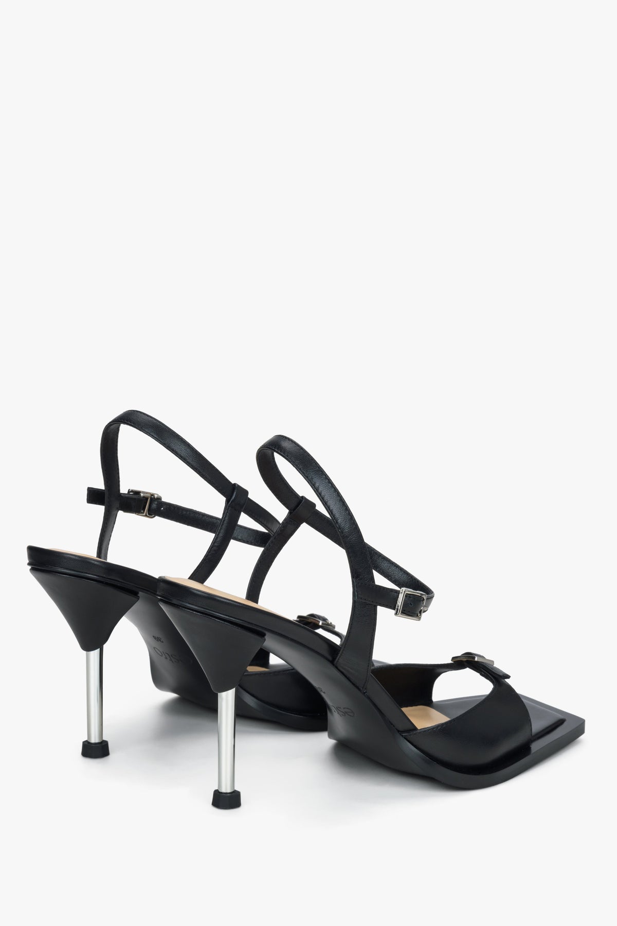 Women’s black stiletto sandals in genuine leather by Estro – heel view.