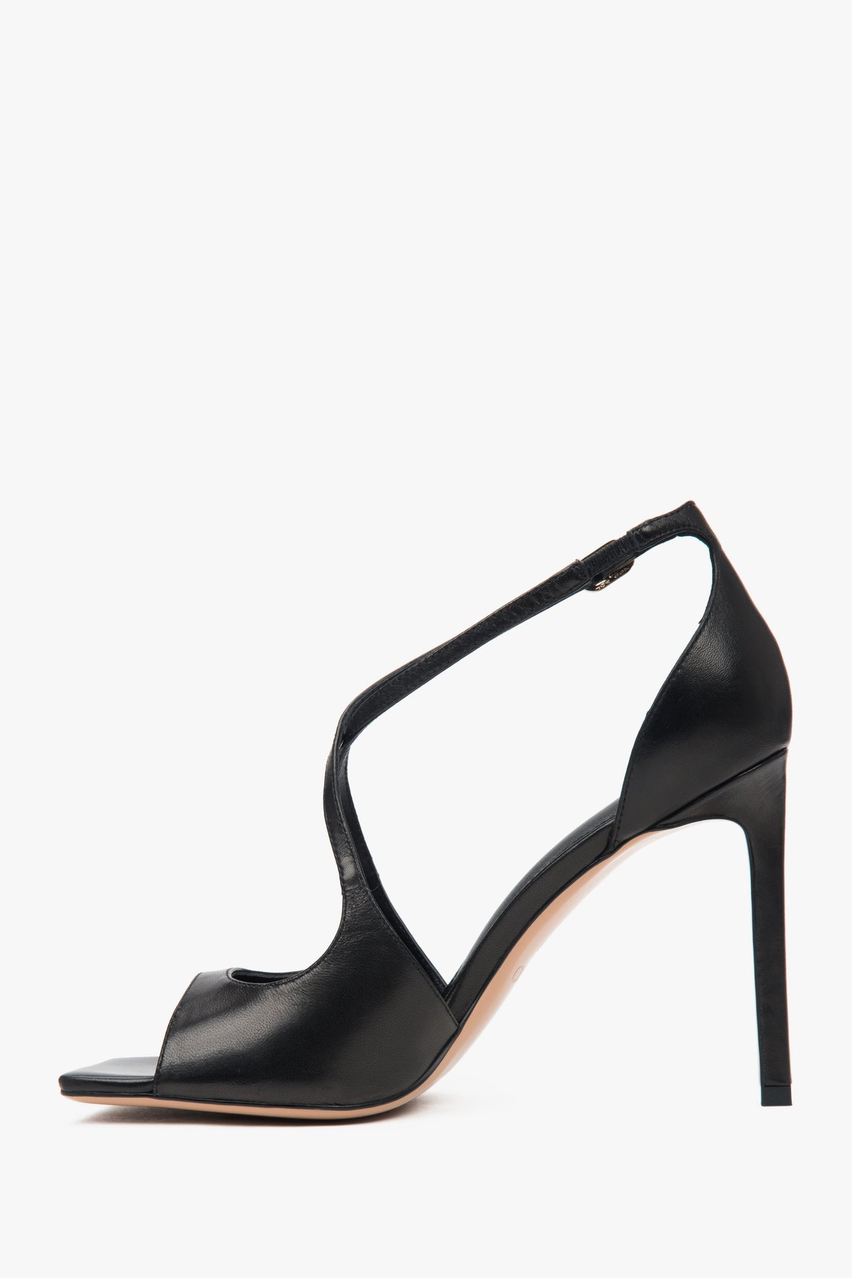 Women’s black stiletto sandals with decorative fastening by Estro.