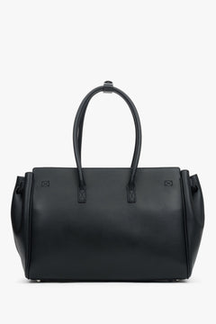 Elegant black structured satchel bag in genuine leather with refined silver hardware.