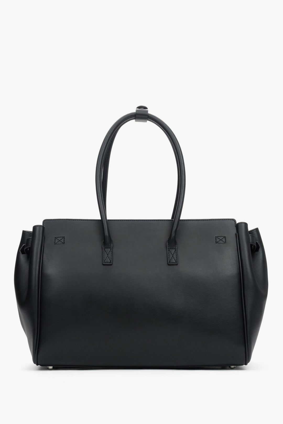 Elegant black structured satchel bag in genuine leather with refined silver hardware.