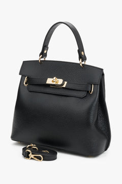 Women’s black Italian premium textured genuine leather satchel bag Estro.