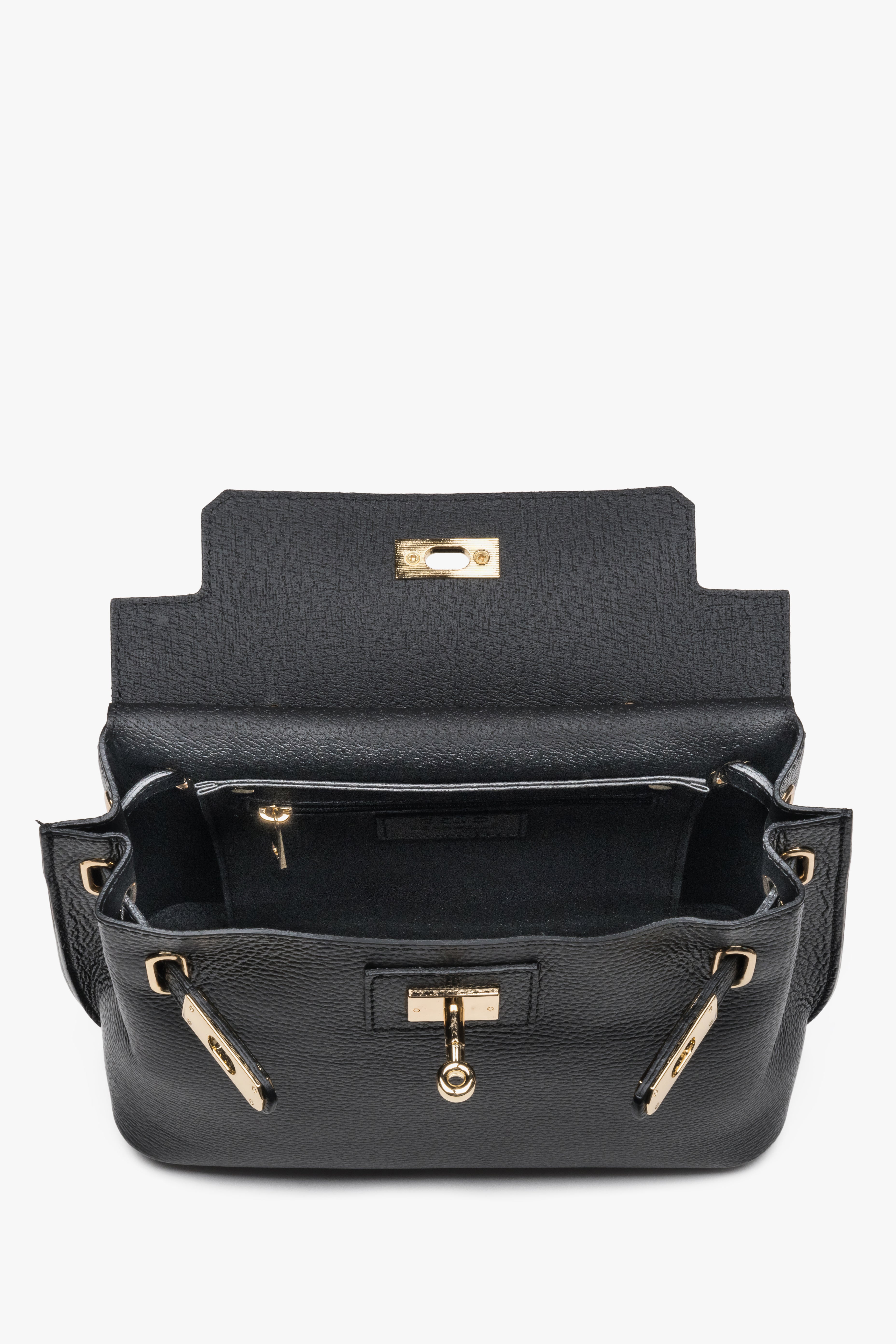 Women’s satchel bag, black, Italian premium textured genuine leather, Estro.