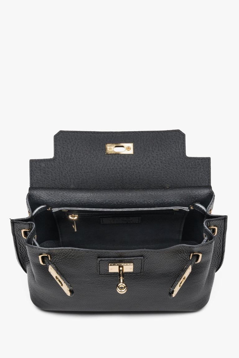 Women’s satchel bag, black, Italian premium textured genuine leather, Estro.