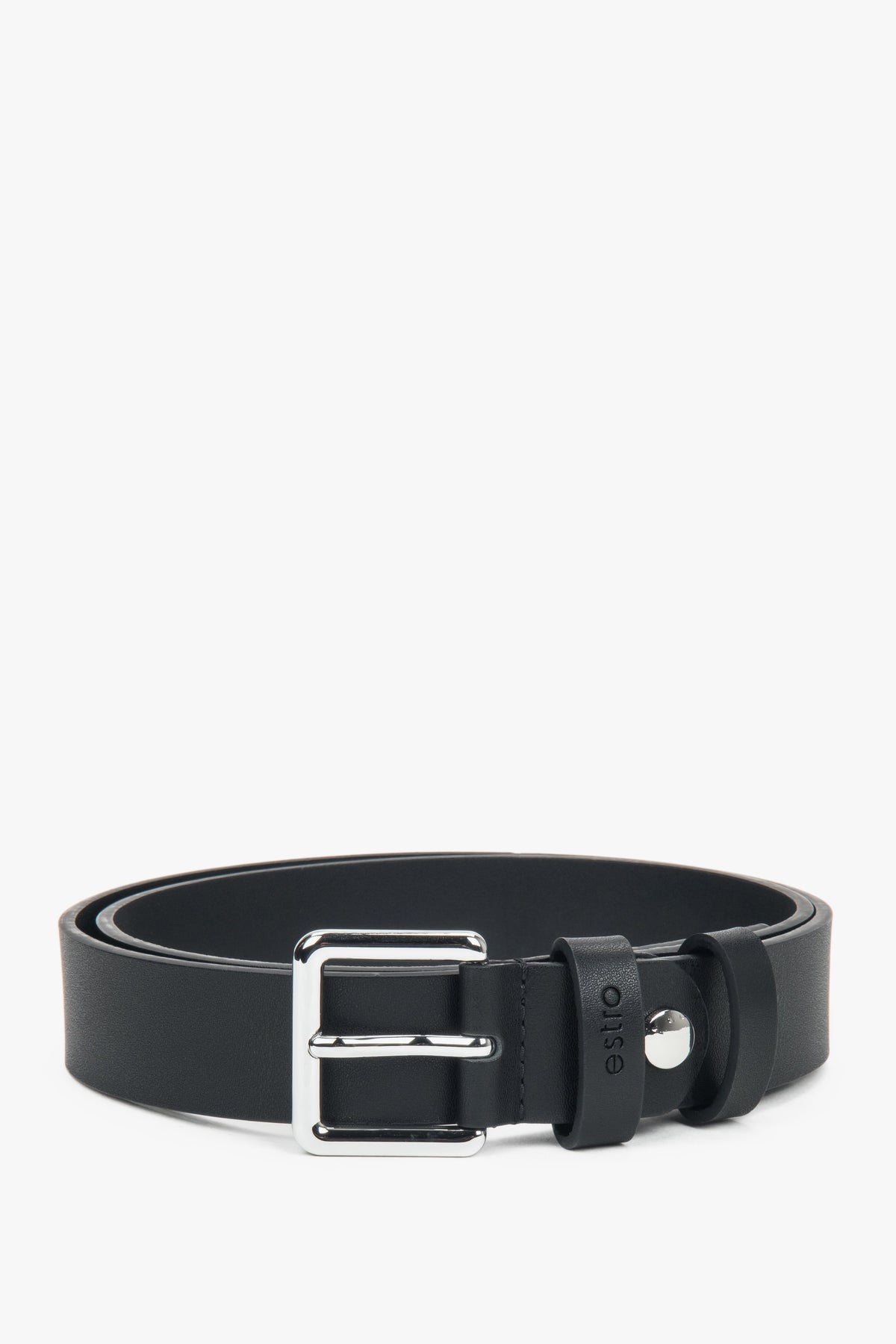 Women's Black Thin Belt made of Genuine Leather with a Silver Buckle Estro ER00118271.