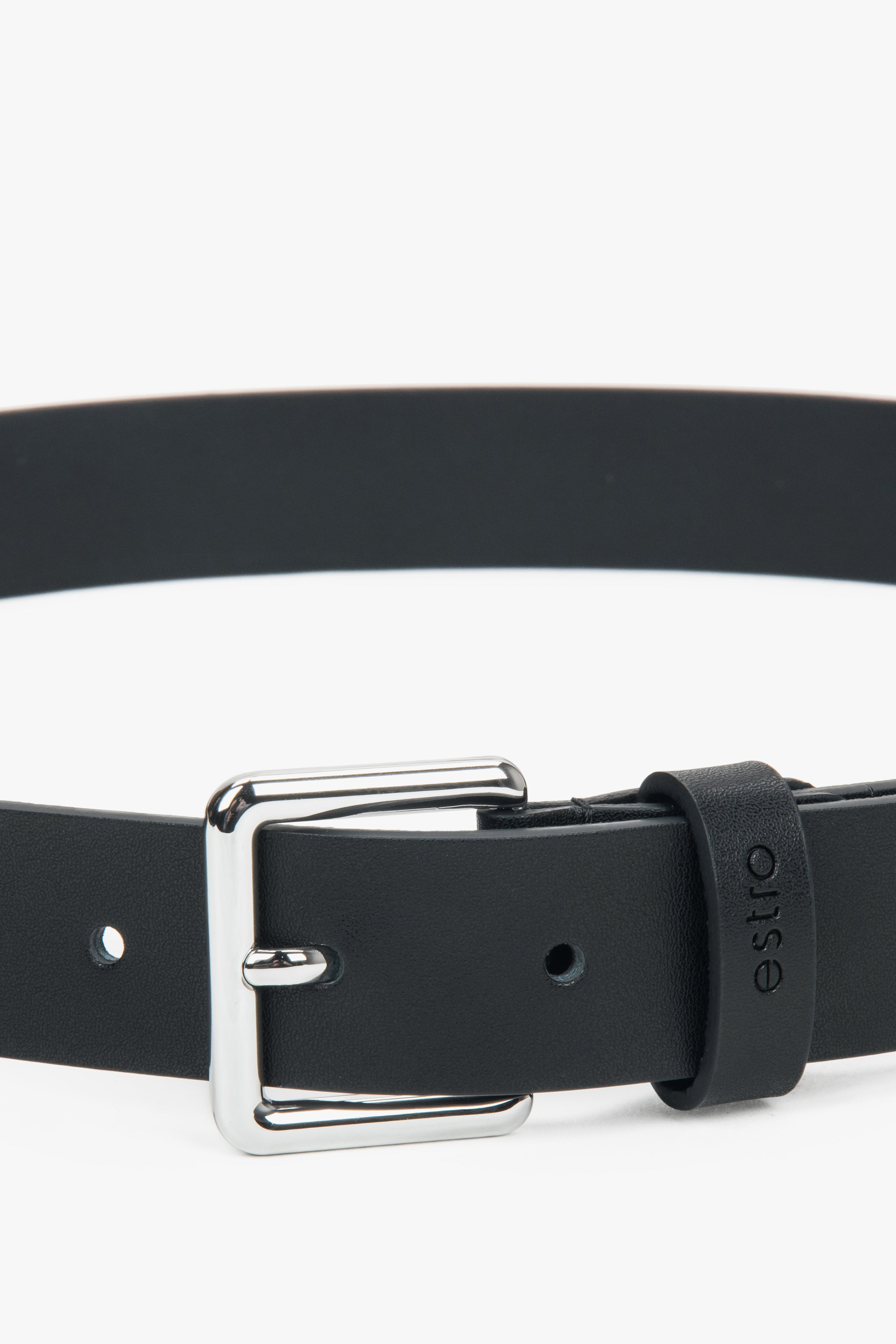 Women's thin black leather belt with a silver buckle, Estro ER00118271.