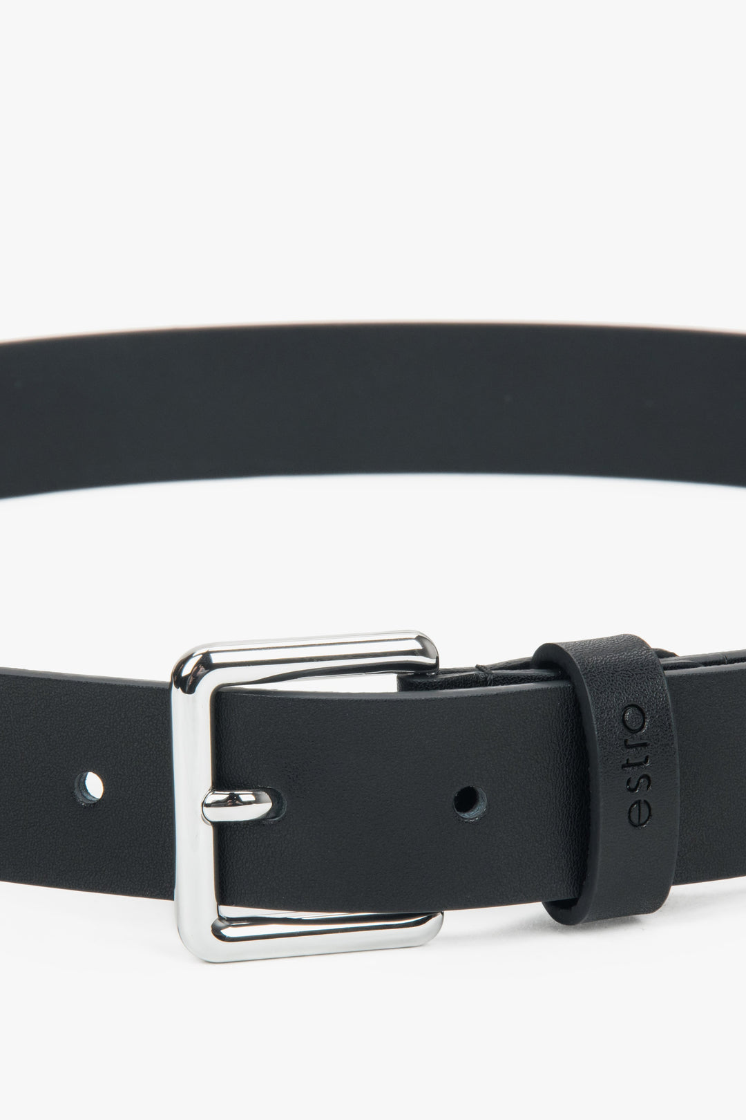 Women's thin black leather belt with a silver buckle, Estro ER00118271.