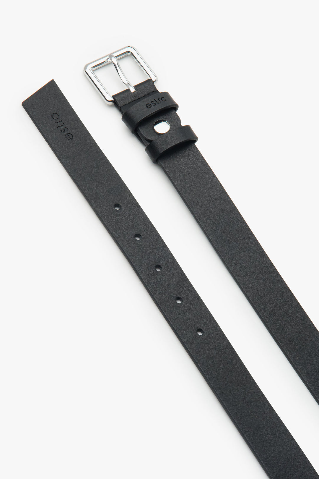 Thin women's black leather belt with a silver buckle, Estro ER00118271.
