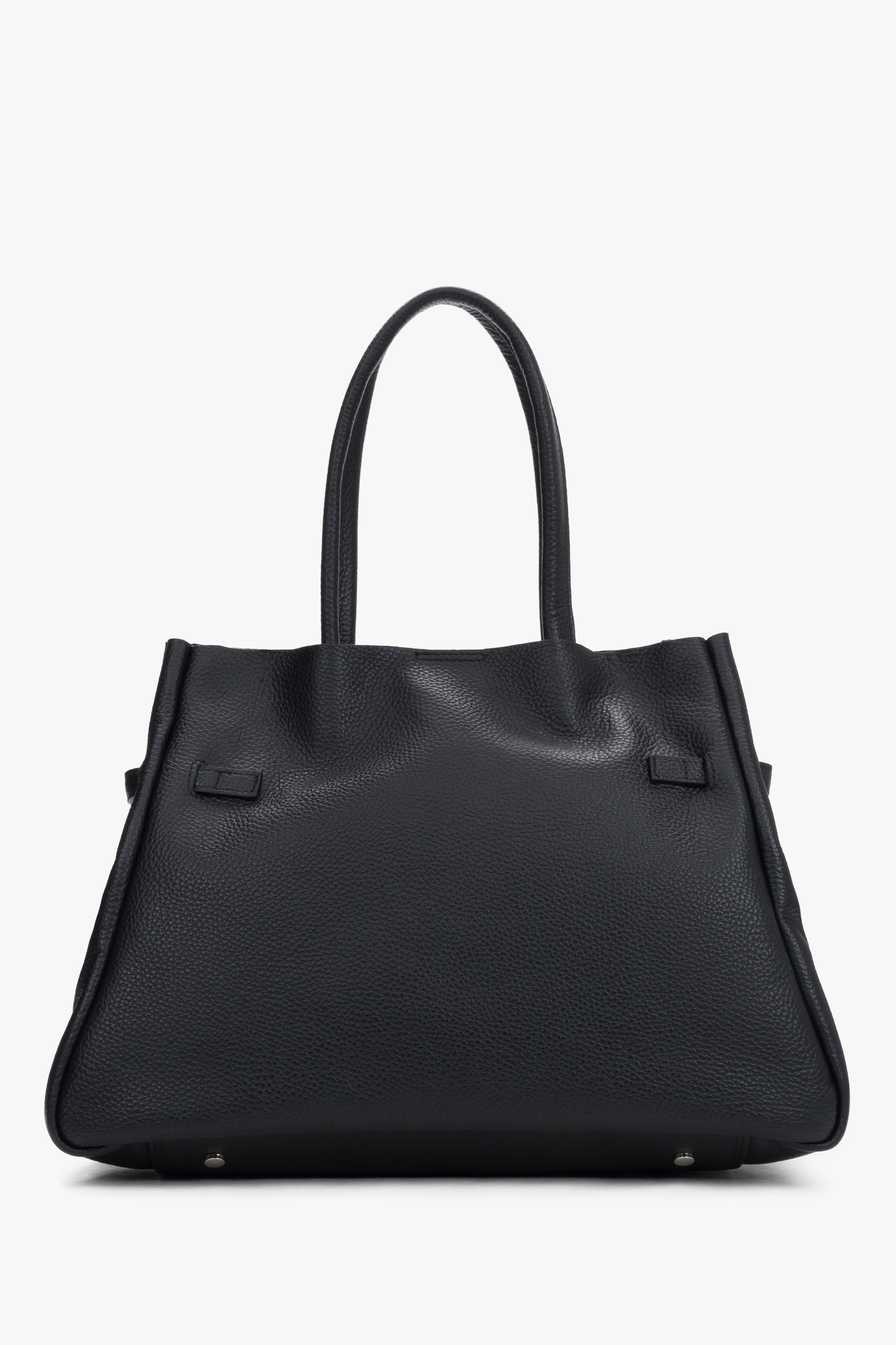 Black leather satchel bag with a long strap made of premium Italian genuine leather by Estro.