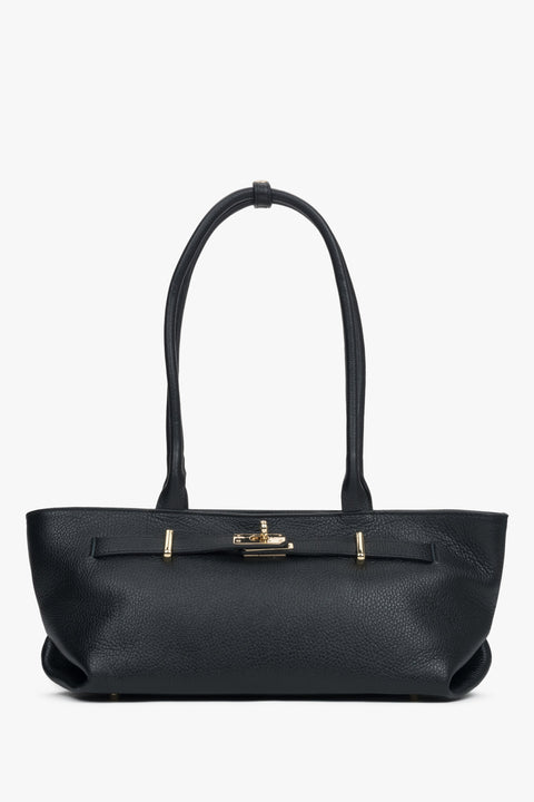 Women's Black Tote Handbag made of Premium Italian Genuine Leather with Long Handles Estro ER00118151.