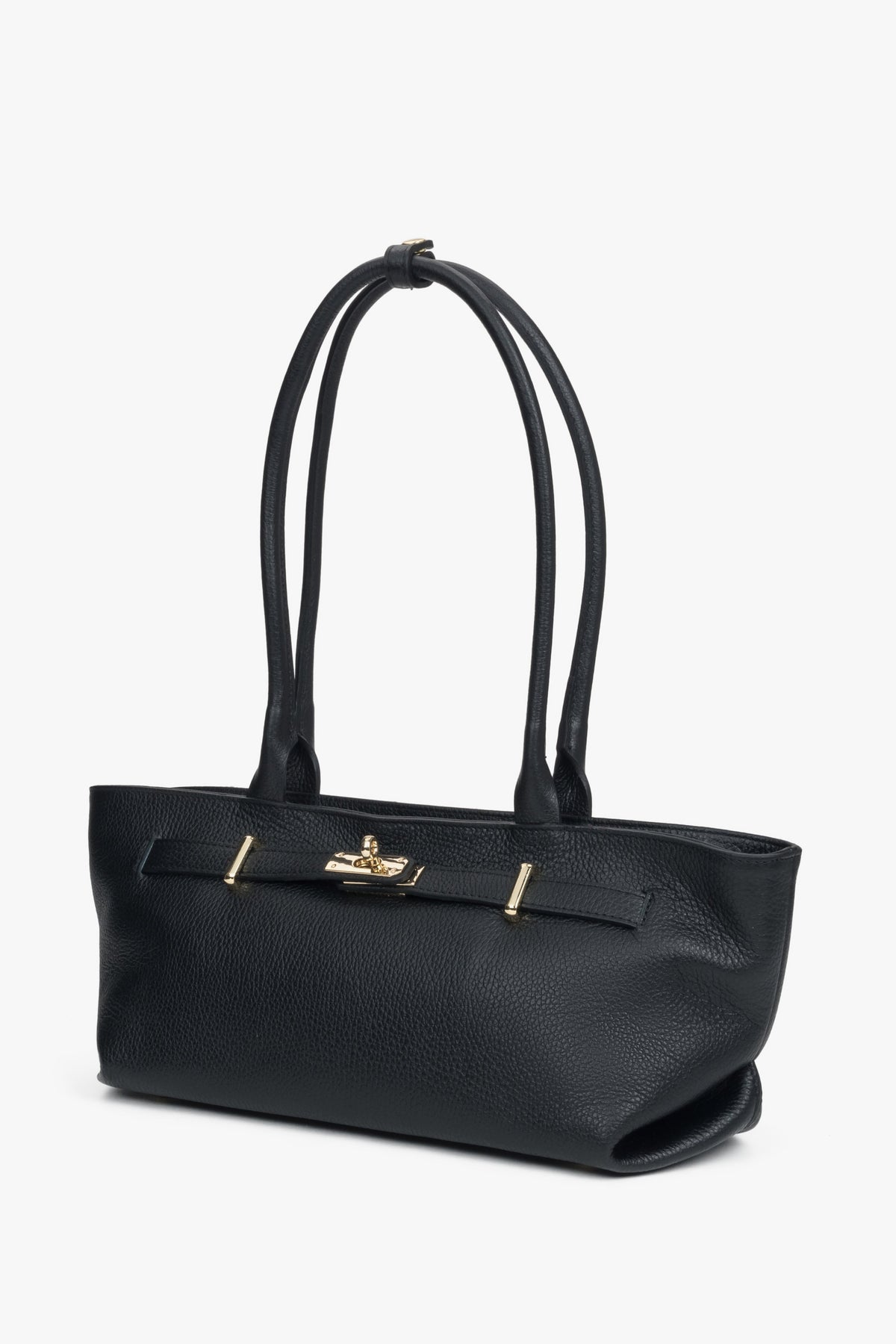 Elegant black tote handbag made of Italian premium genuine leather with long reinforced handles and gold-tone details – a stylish everyday companion.