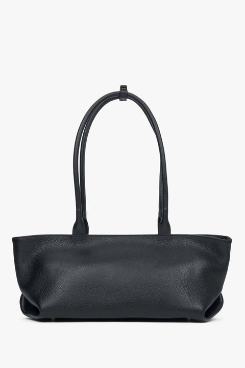 Women’s black leather shoulder bag with spacious interior, soft handles, and dual closure system for comfort and security.