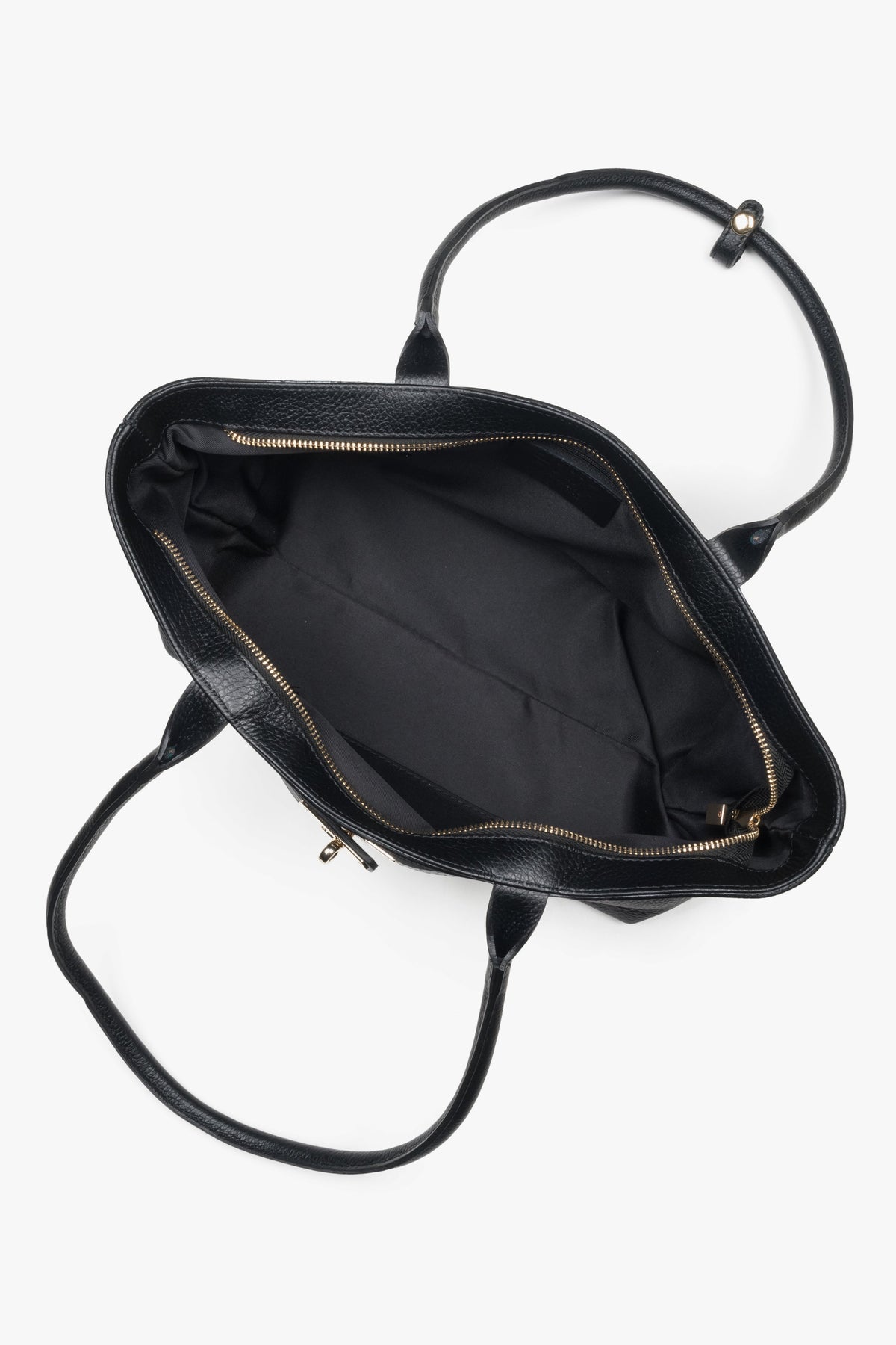 Classic tote handbag in black Italian premium leather, featuring refined gold hardware and a durable textile lining.