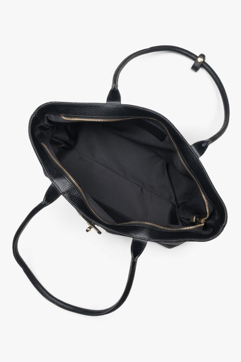 Classic tote handbag in black Italian premium leather, featuring refined gold hardware and a durable textile lining.