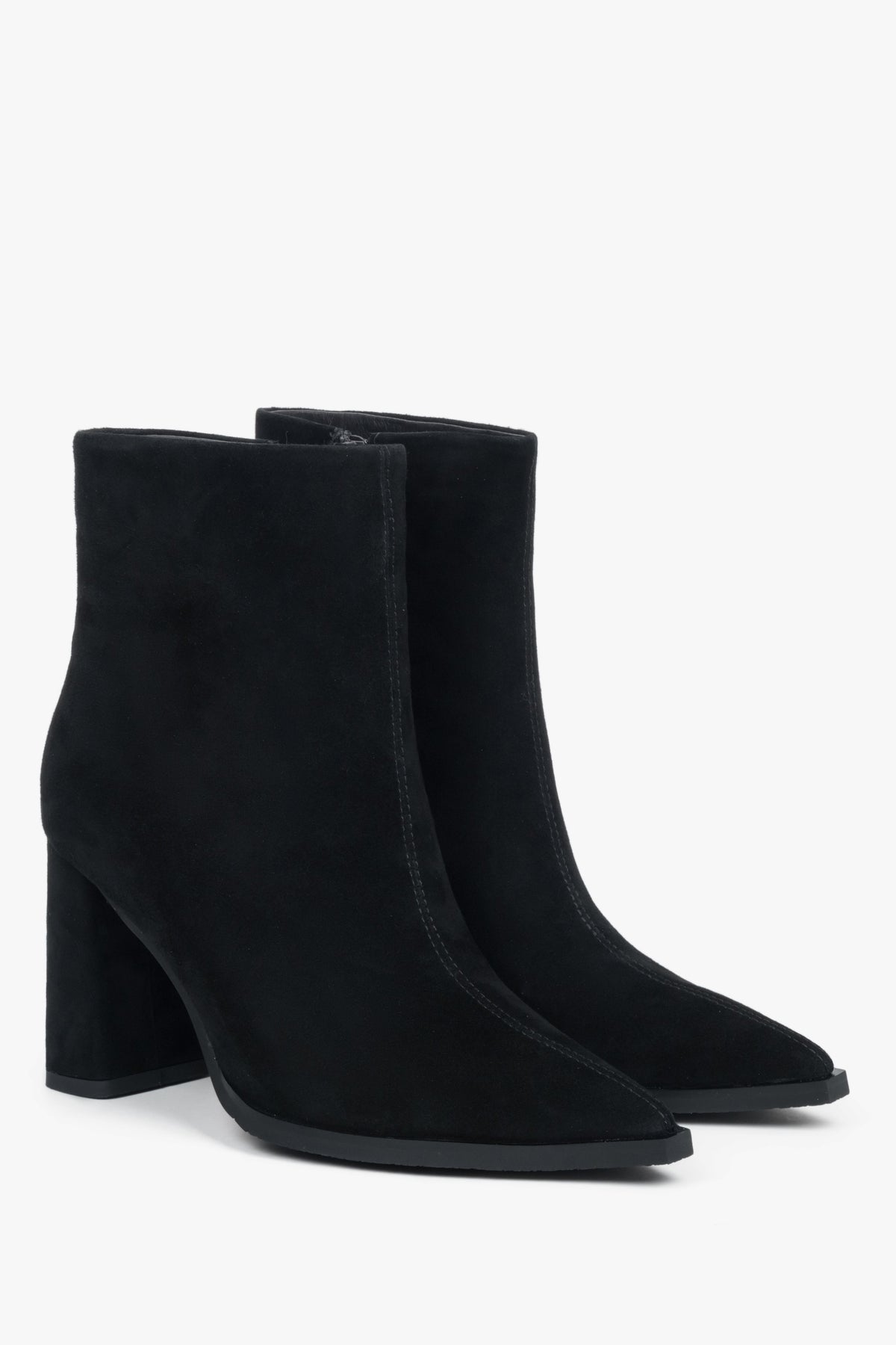 Black women’s ankle boots with block heel made of genuine velour.