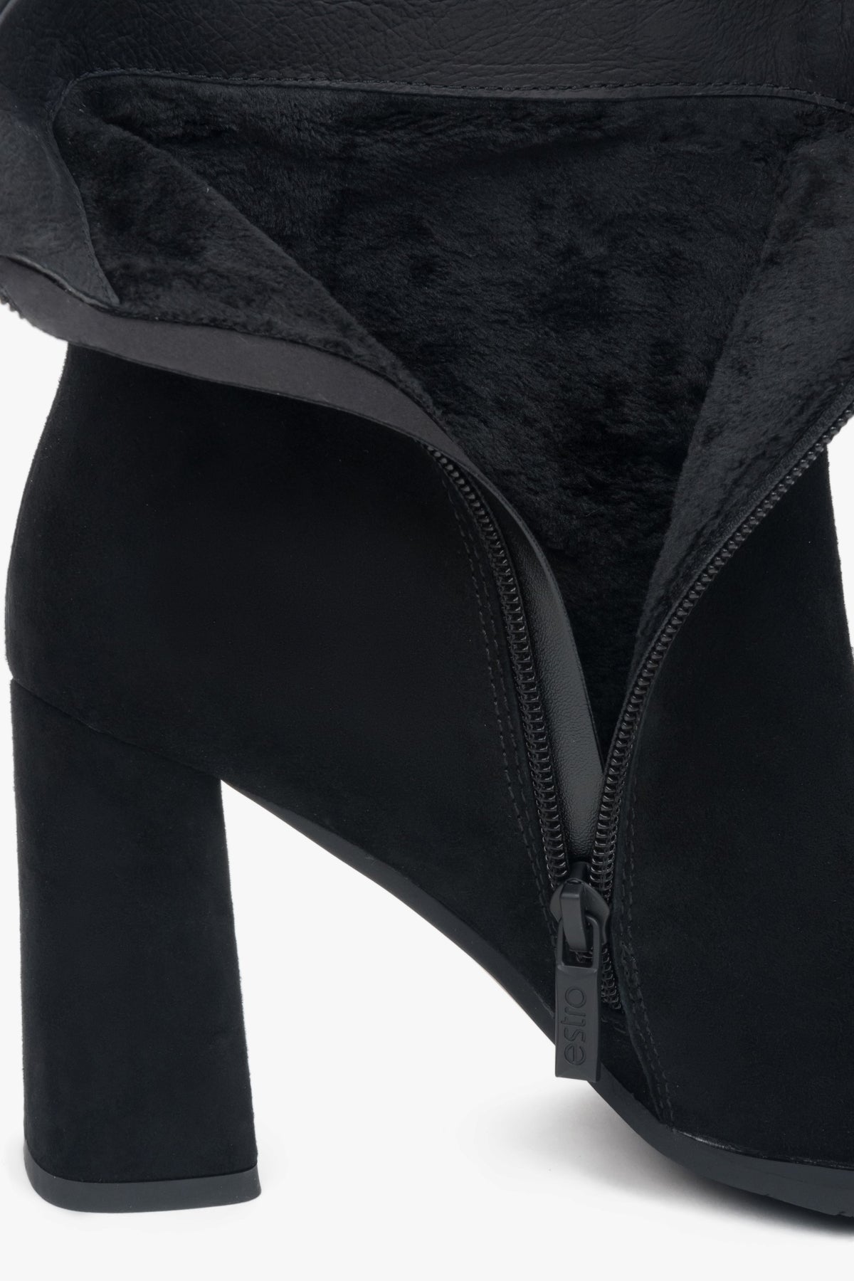 Made of genuine velour, black women’s ankle boots with block heel Estro.