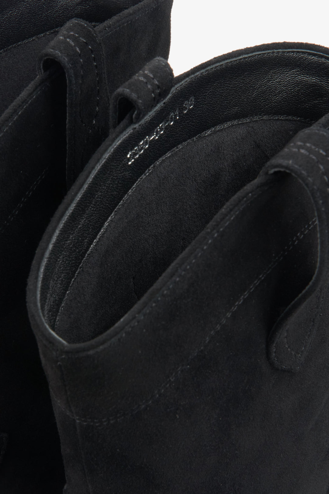 Women's black cowboy boots made from soft velour, designed by Estro - details.