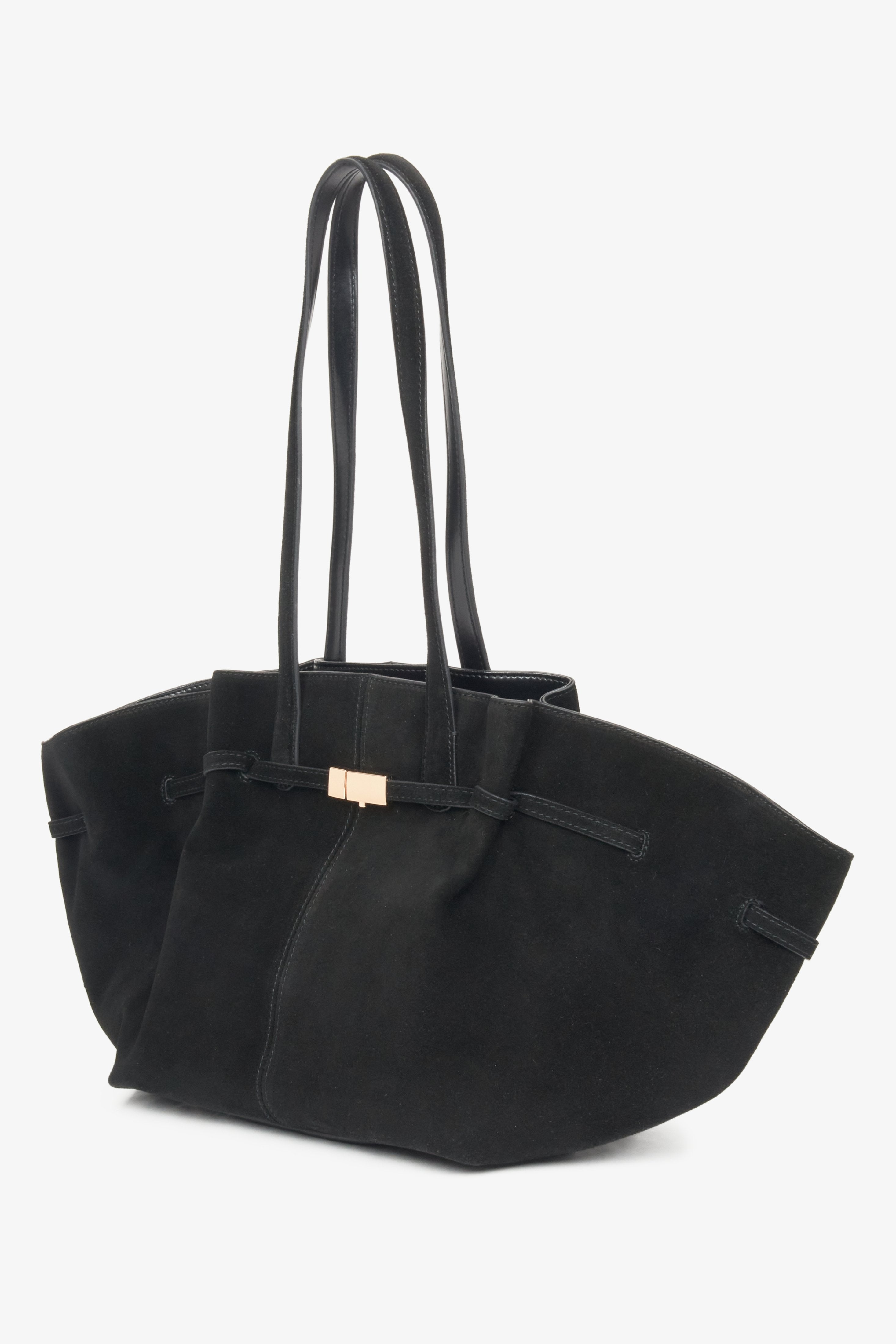 Estro's women's black velour handbag, crafted with long handles for easy carrying.