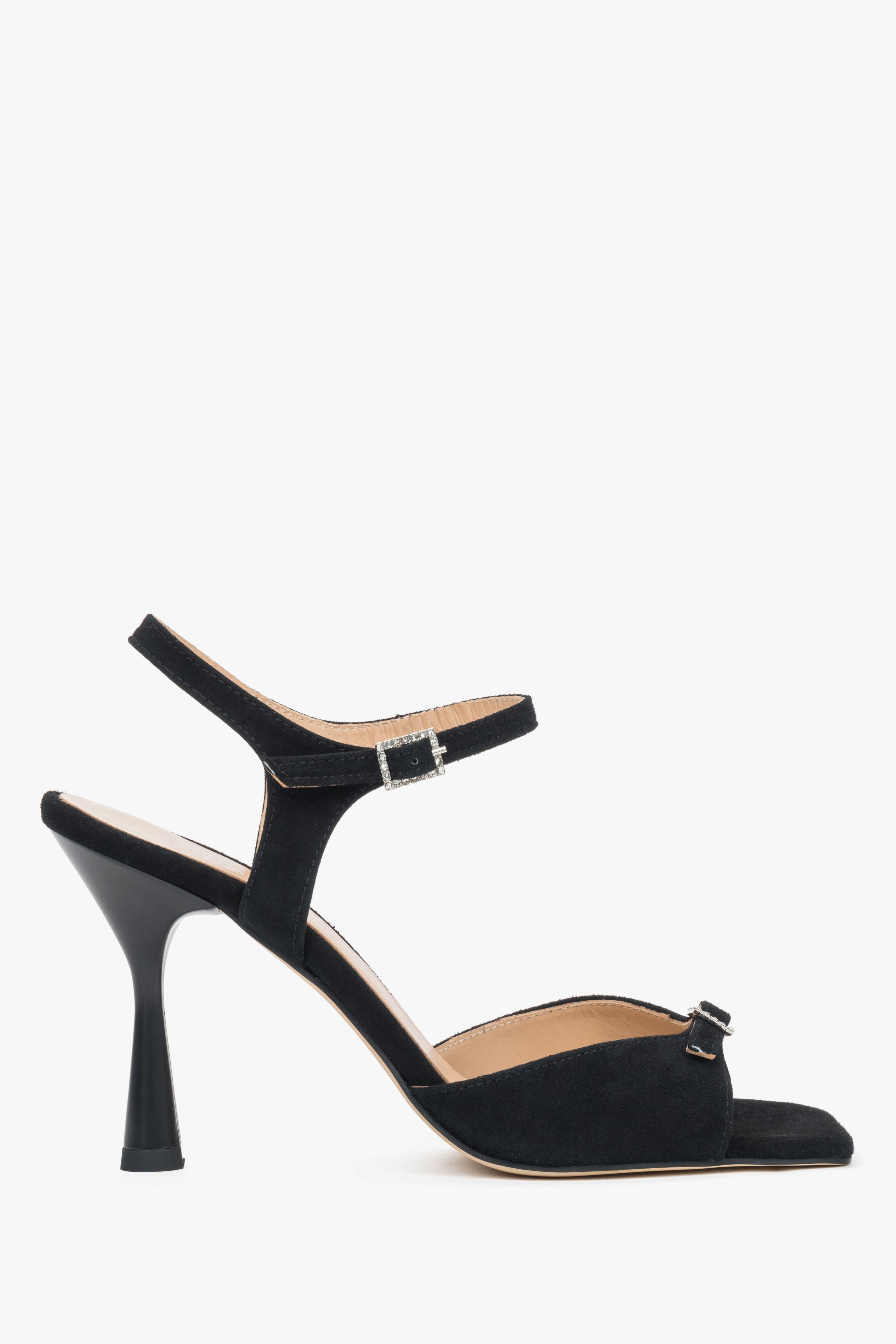 Women’s Black Velour High-Heeled Sandals with a Decorative Rhinestone Estro ER00117667.