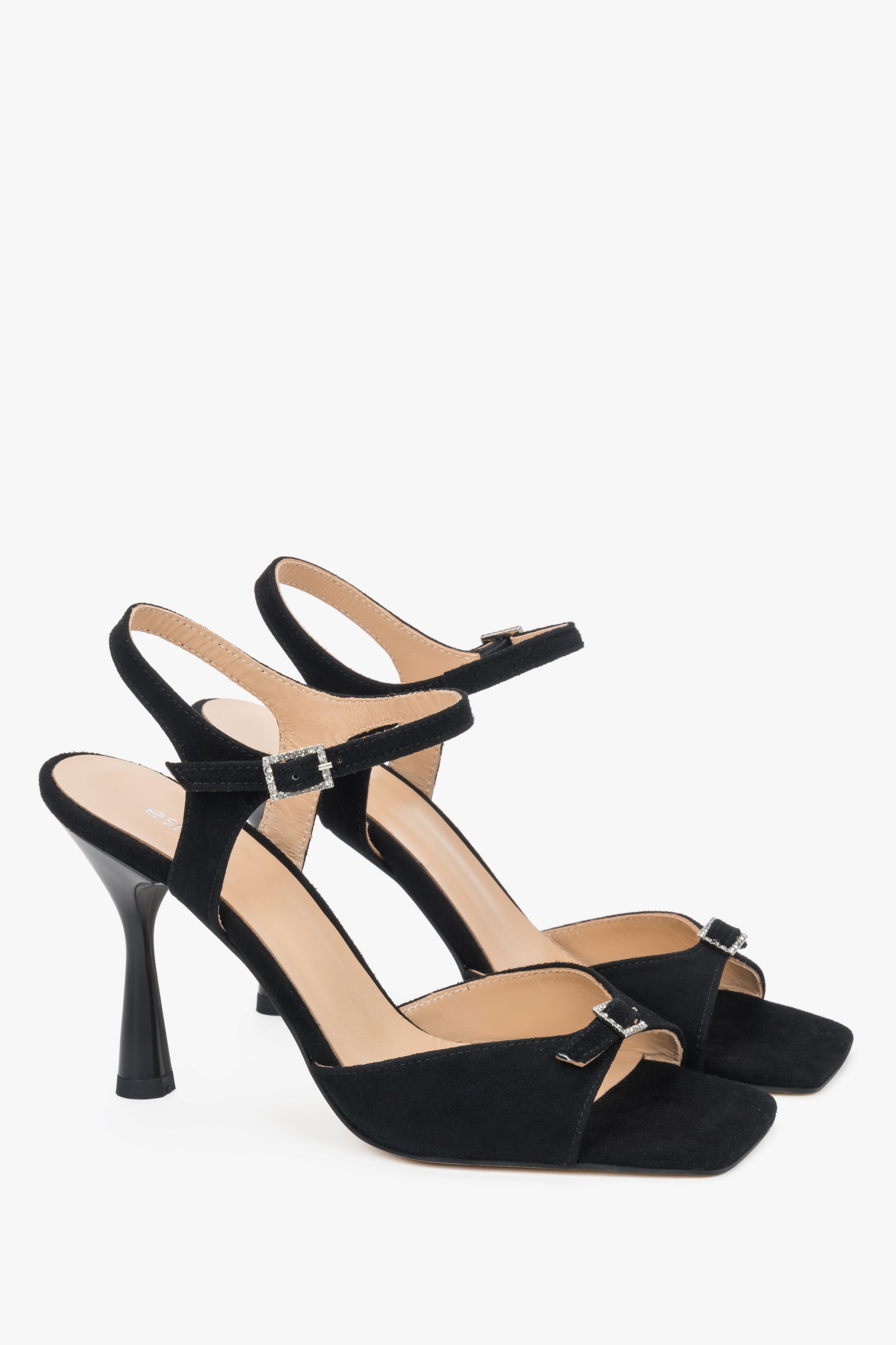 Women's black high-heeled sandals made of natural velour with a decorative rhinestone Estro.