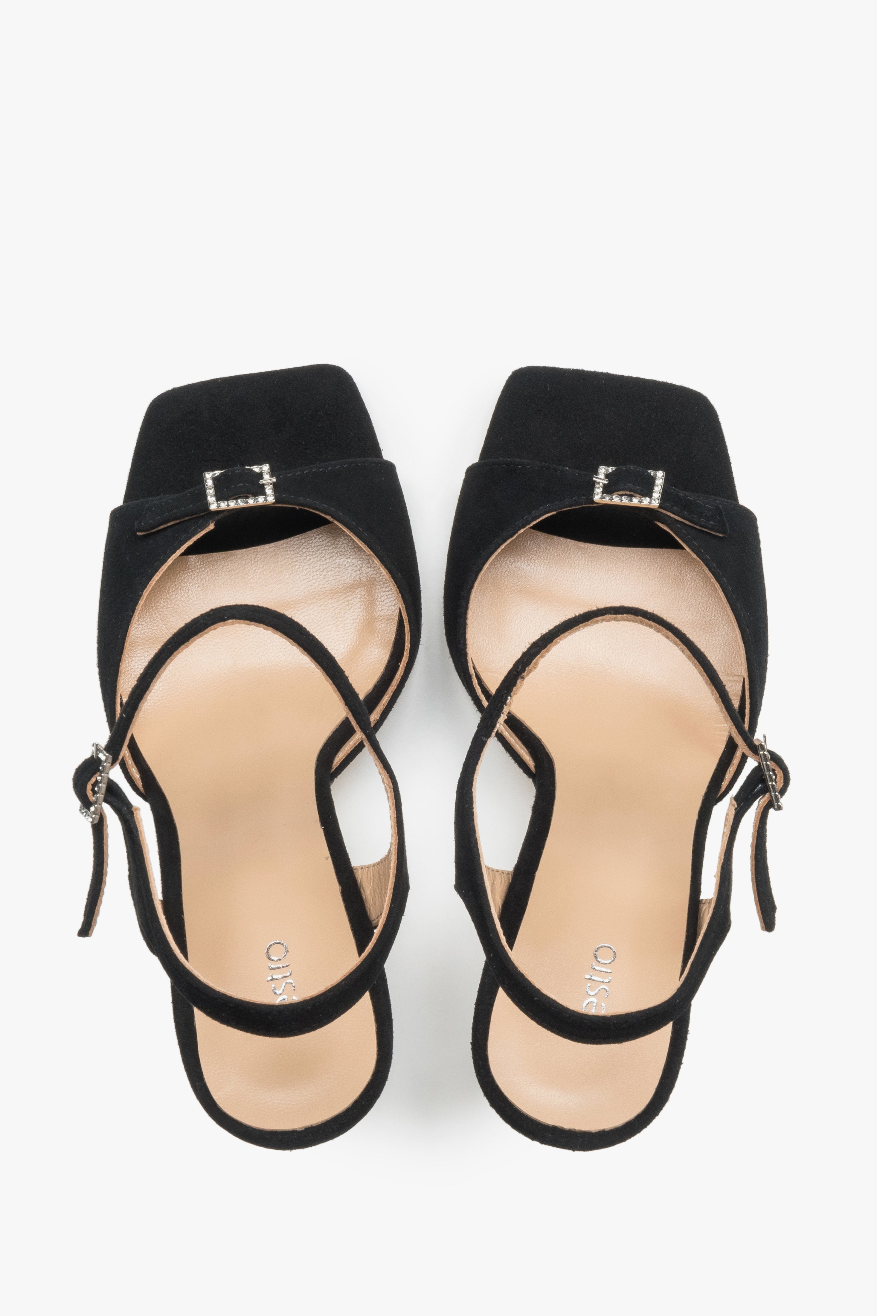 Women's high-heeled sandals, black, velour, with a decorative rhinestone, Estro.