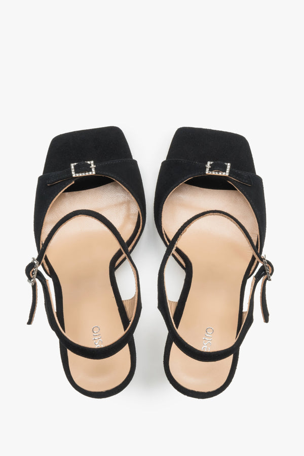 Women's high-heeled sandals, black, velour, with a decorative rhinestone, Estro.