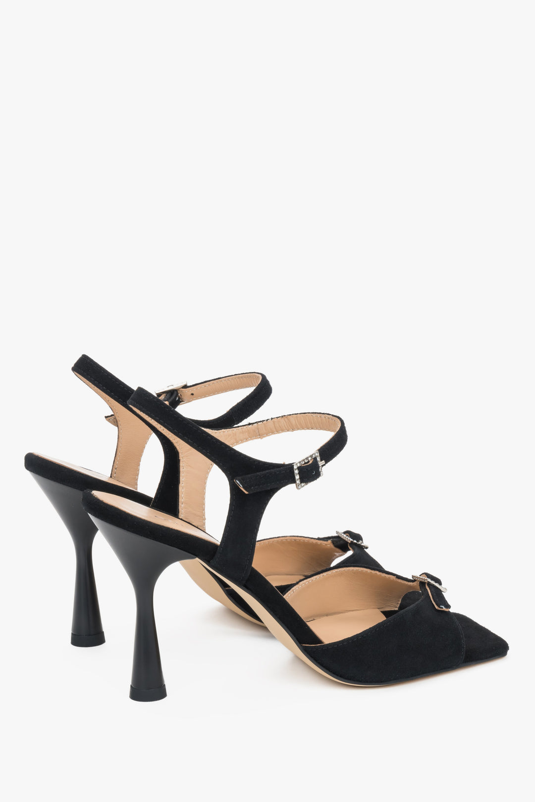 Made of natural velour, women's black sandals on a flared heel with a decorative rhinestone Estro.