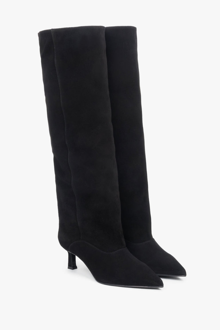 Estro ER00118234 – women's black knee-high boots made of genuine velour with a low flared heel.