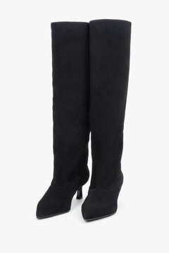 Women's black knee-high boots made of genuine velour with a low flared heel, Estro ER00118234.