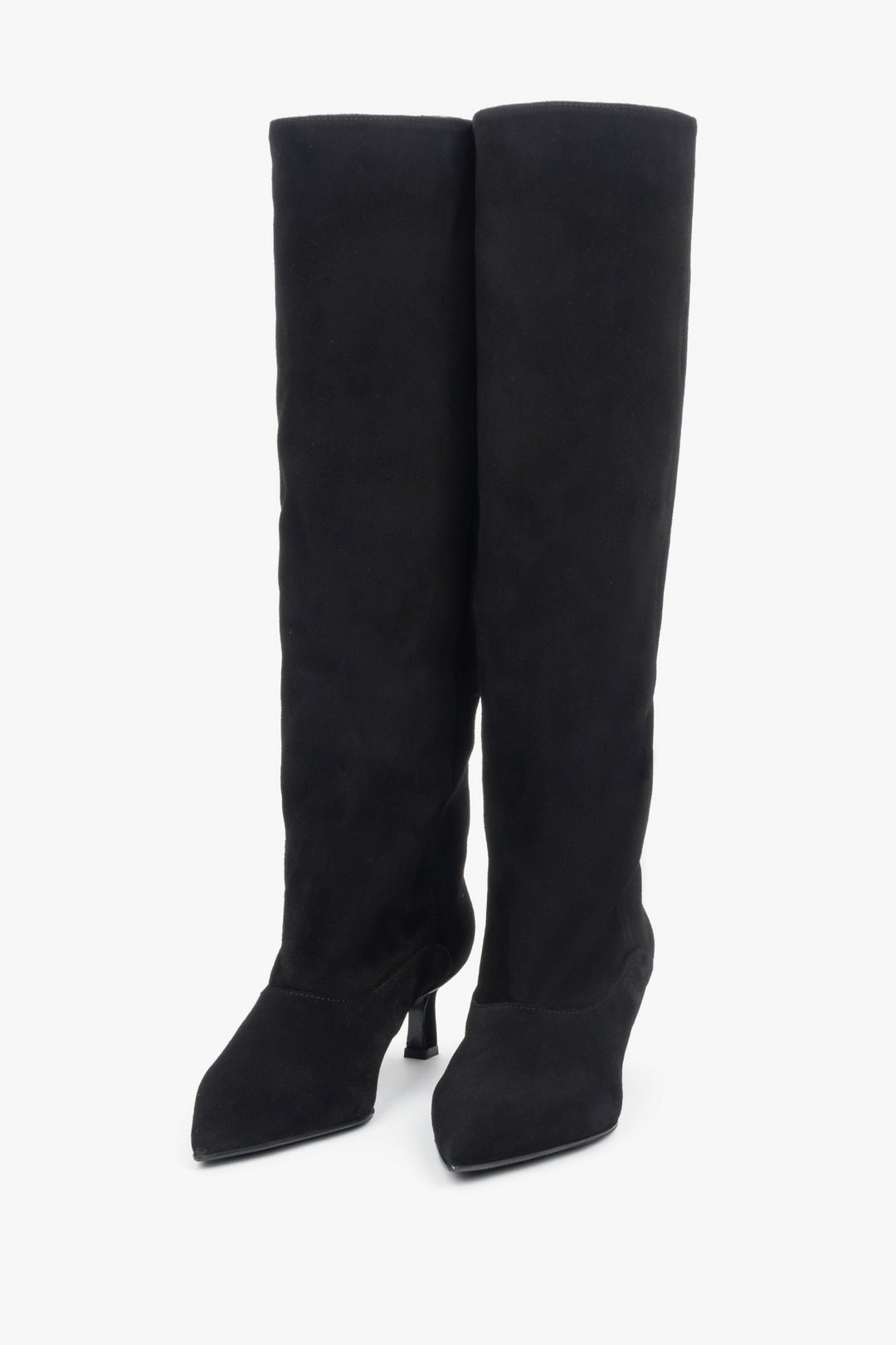 Women's black knee-high boots made of genuine velour with a low flared heel, Estro ER00118234.