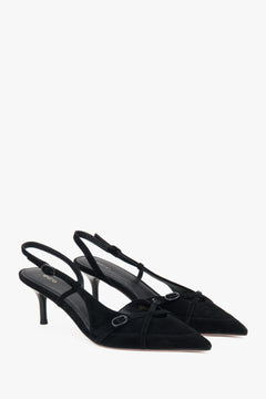 Black velour low-heeled slingbacks for women by Estro.
