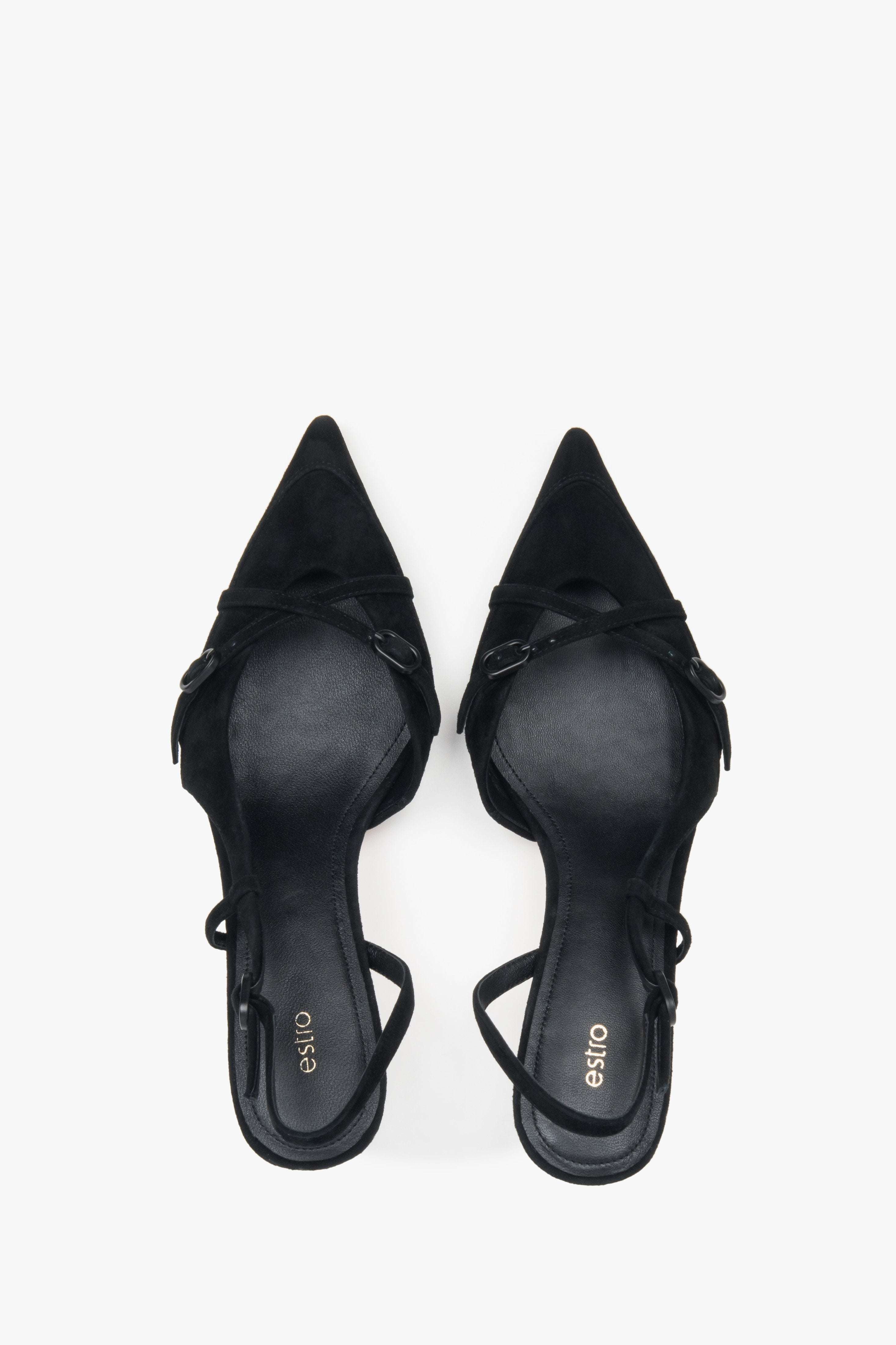 Women's black velour low heel slingback shoes by Estro.