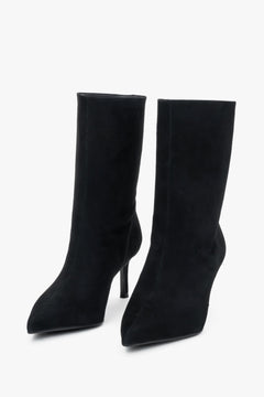 Black velour women's pointed-toe ankle boots with high stiletto heel, Estro.