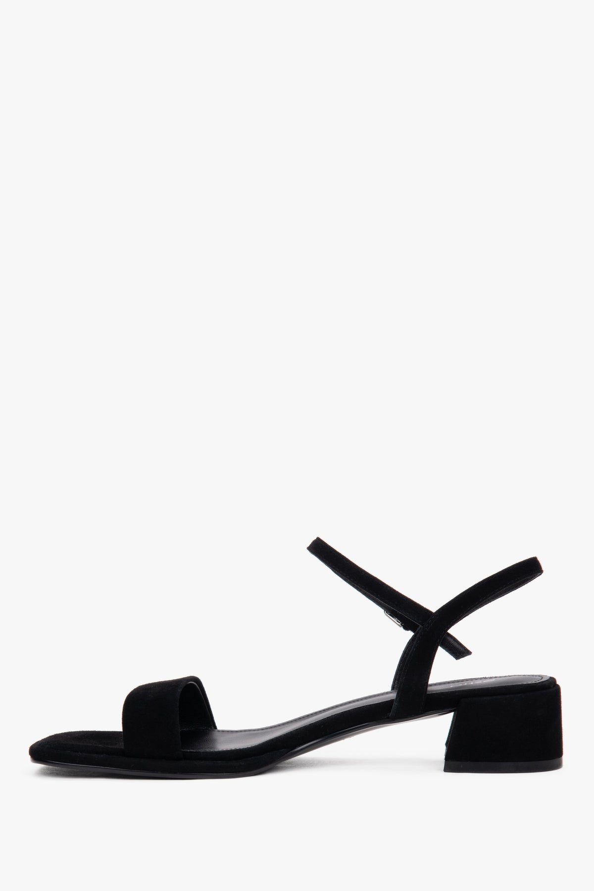 Elegant black suede sandals with a natural chevro kidskin leather interior.