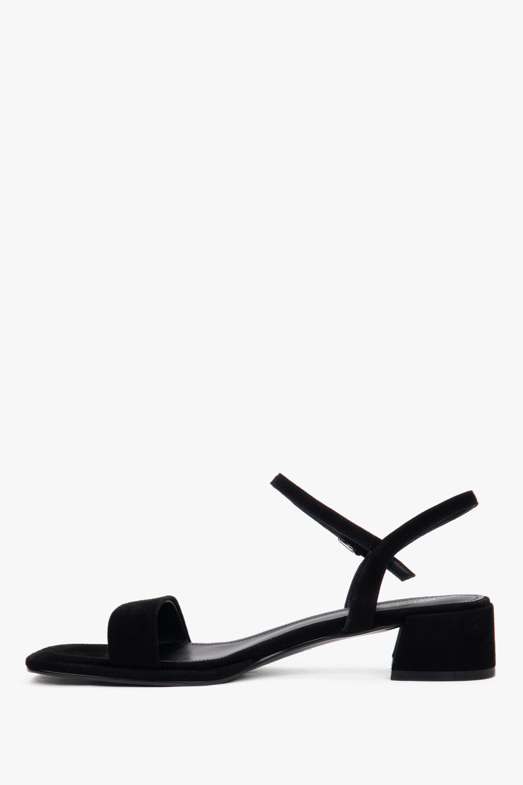Elegant black suede sandals with a natural chevro kidskin leather interior.