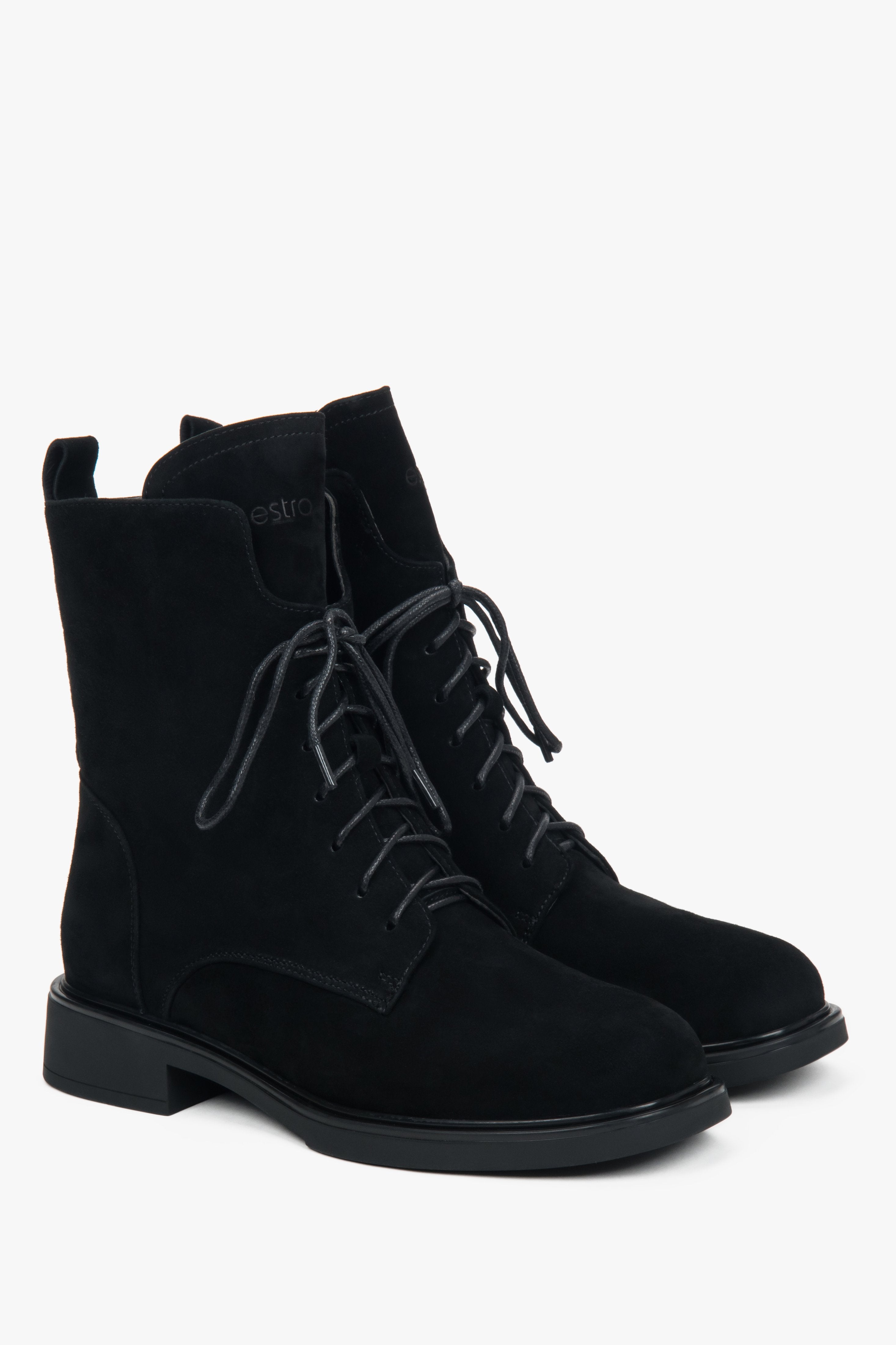 Women’s black velour winter ankle boots by Estro with warm fur lining.