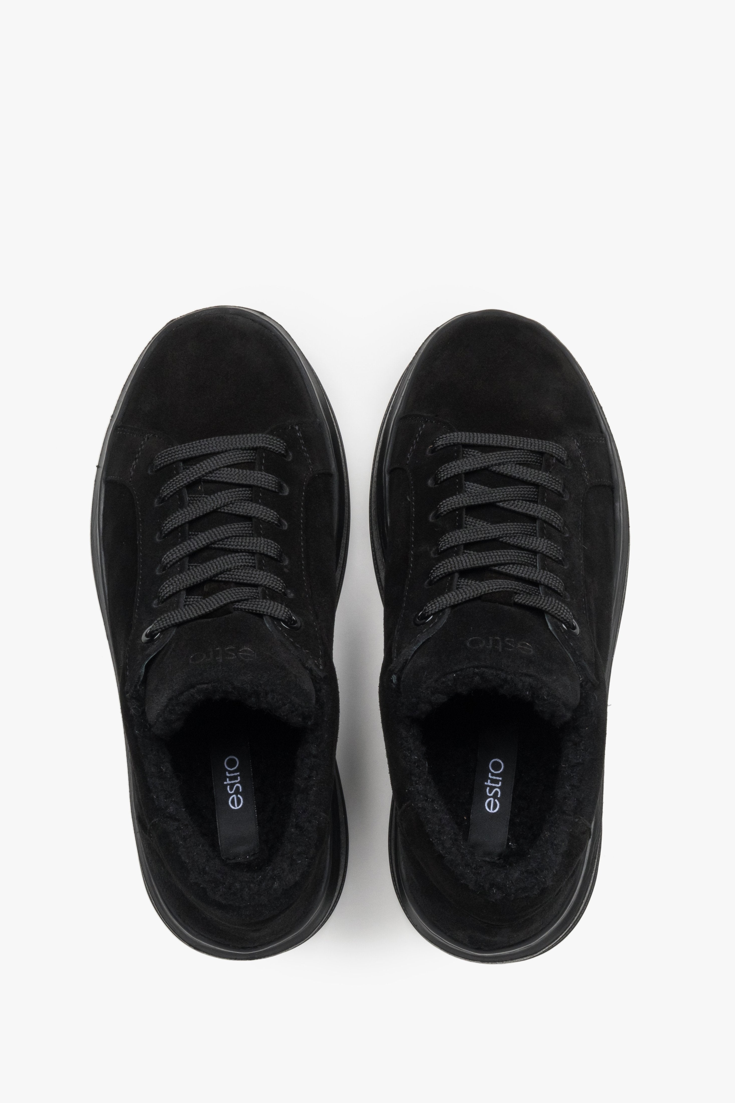 Top view showcasing the soft black velour texture and plush fur lining.