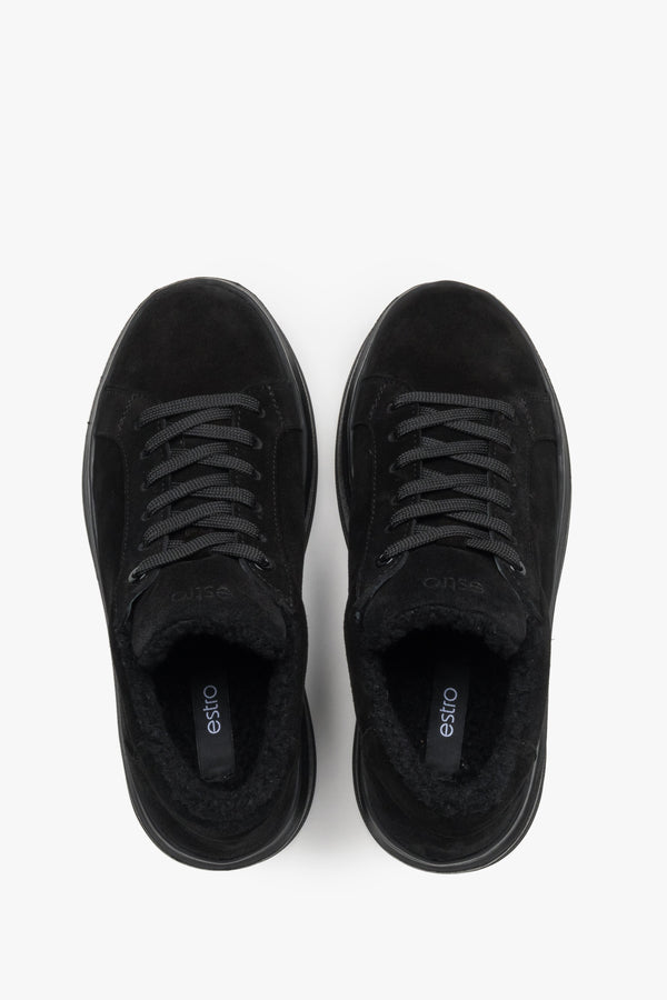 Top view showcasing the soft black velour texture and plush fur lining.