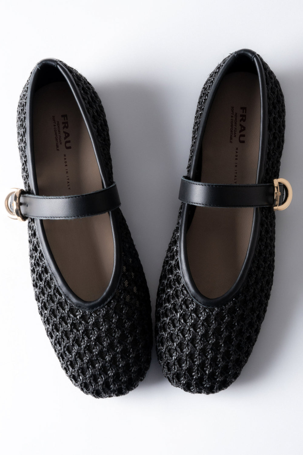 Women's Black Woven Ballet Flats with Leather Trim and Gold Buckle Frau ER00119945.