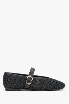 Women's black woven ballet flats with leather trim and a gold buckle, Frau.