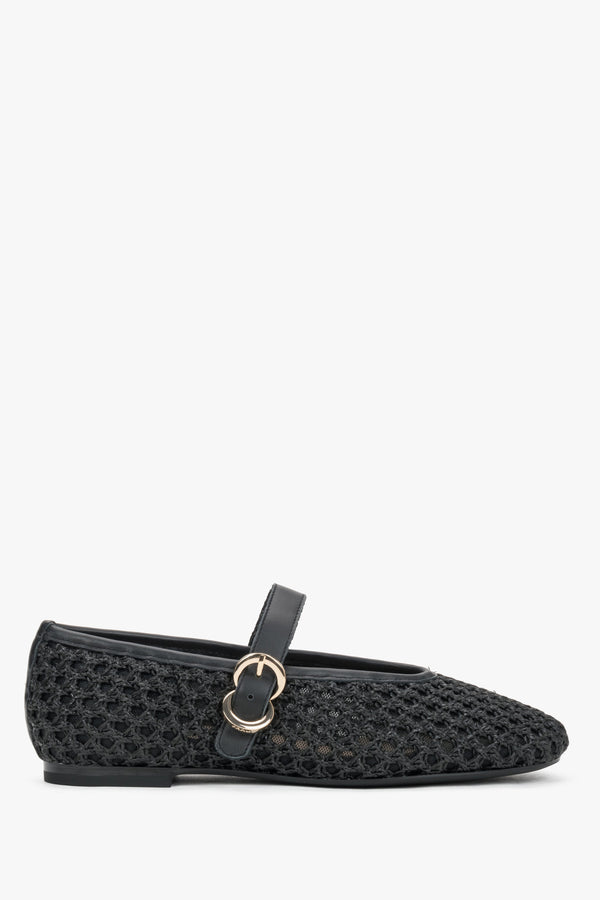 Women's black woven ballet flats with leather trim and a gold buckle, Frau.
